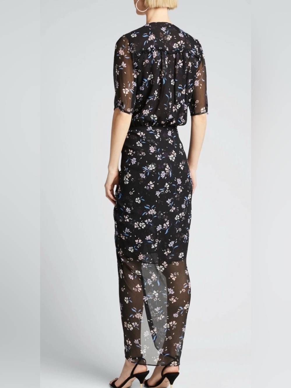 Veronica Beard Silk Mariposa Black Floral Semi Sheer Ruched Midi Dress Sz 8 - Picture 7 of 14